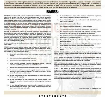 El Congreso del Estado publicó la convocatoria para renovar la presidencia de la CEDH, con lo que Inicia el proceso de renovación de la titularidad para el periodo 2023-2027 que coordinará la Comisión Permanente de Derechos Humanos, Asuntos Indígenas y Afromexicanos del Congreso del Estado.